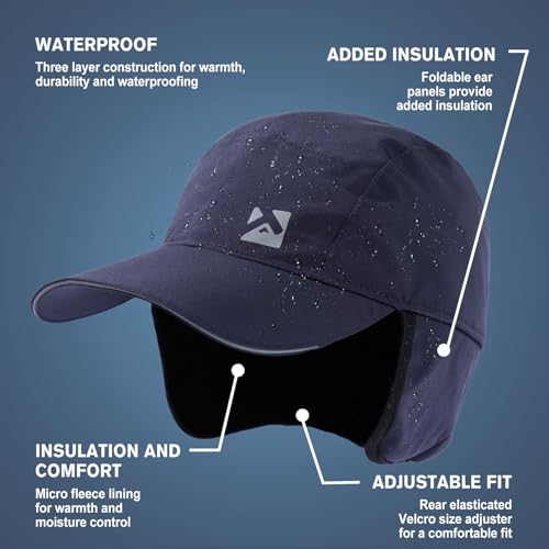 TOP-EX Oversize XL XXL Men's Waterproof Winter Baseball Cap Fleece Earflap Trapper Hat for Cold Weather Large Heads - color: Navy, size: Medium