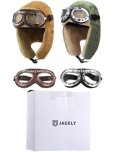 JaGely 4 Pcs Pilot Hat and Goggles Flight Costume Accessories Pilot Helmet Cap with Ear Flaps Hat Adults Winter(Green, Khaki) - color: Green, Khaki, style: Classic