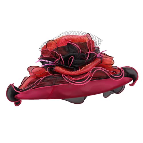 Kentucky Organza Derby Top Hats for Women Sun Visor Cap Ladies Flowers Bride Weeding Fascinators Wide Brim Fedoras - color: Orange-red