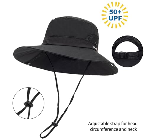 Womens Summer Sun Hat Beach Hat Wide Brim Outdoor UV Protection Bucket Hat - color: Solid Black