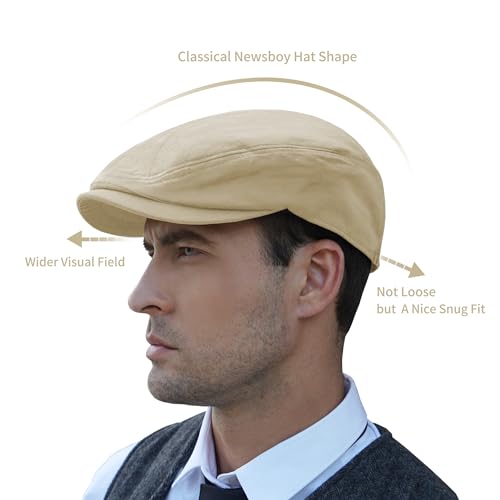 POUDAY Men's Cotton Newsboy Cap Flat Cap Newsboy Hat for Men Cabbie Hat Breathable Soft Summer Hat for Driving Hunting Golf - color: Beige, size: Medium