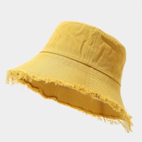Quanhaigou Frayed Unisex Sun Hats, Fashion Beach Bucket Hat for Men Women,Summer Outdoor Boy's Girls Boonie Cap - color: Vintage Yellow