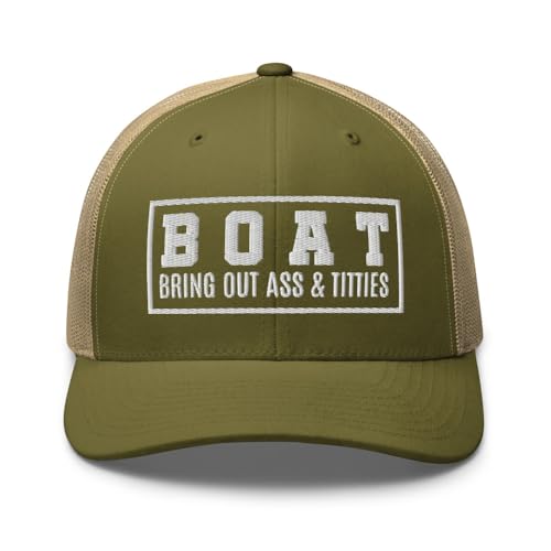 NG Boat Bring Out Ass and Titties Curved Bill Trucker Hat Mid Crown Adjustable Funny Adult Humor Cap - color: Moss/ Khaki