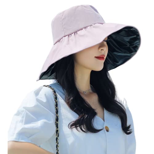 Women Summer Rain UV UPF 50 Sun Protection Wide Brim Hat - Foldable Bucket Sun Hat - color: Pink