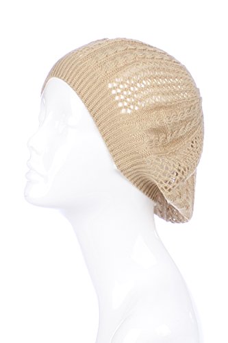 an Womens Lightweight Cut Out Knit Beanie Beret Cap Crochet Hat - Many Styles - color: Beige Multi Textured