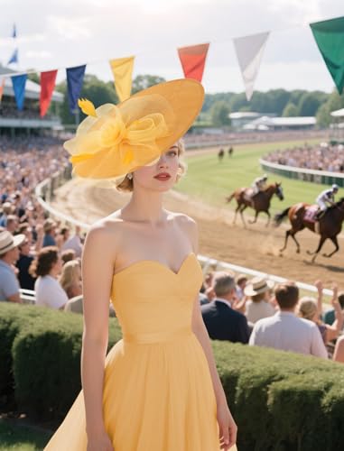 dressfan Wide Brim Fascinator Derby Hats for Women,20s Detachable Flower Hat with Headband for Derby Church Wedding Tea Party - color: Yellow