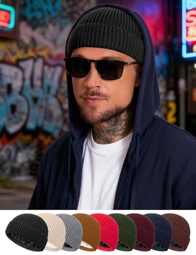 Fleece Lined Wool Short Fisherman Beanie Men Women Cuff Winter Hat - color: 1pc-black