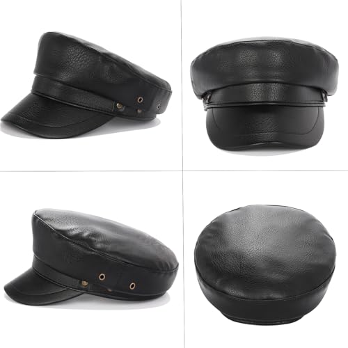 Women's Yacht Captain Sailor Hat, PU Material Newsboy Hat, Stylish Biker Hat, Baker Boy Hat, Peaked Beret - color: Black