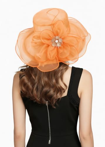 Organza Fascinator Hat - Women’s Wide Brim Church Bridal Tea Party Wedding Hat - color: 02a-orange