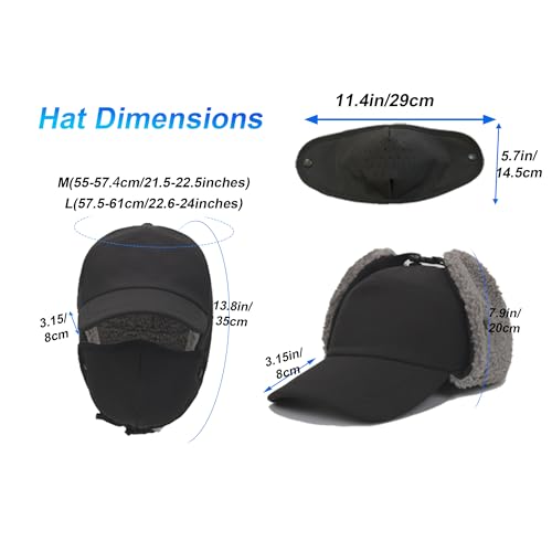 Trapper Hat for Men Women Waterproof Winter Warm Baseball Cap with Ear Flaps and Mask - color: Black, size: Large