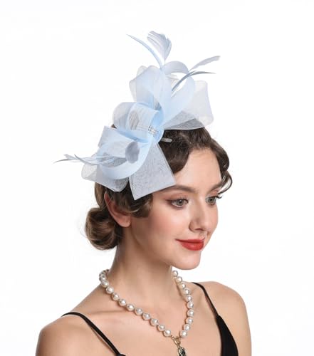 SAFERIN Elegant Women's Fascinator Hat with Veil and Feather Hair Clip Headpiece for Weddings Tea Party - color: St09-light Blue