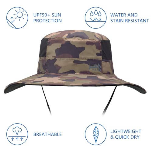 BASSDASH UPF 50+ Fishing Sun Hat Water Resistant Unisex Wide Brim Bucket Boonie Hat for Hiking Camping Safari FH15 - color: Earth Camo, size: Large