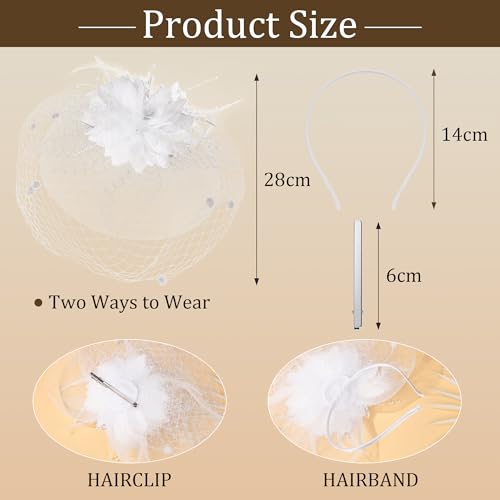 Fascinators Hats Tea Party Hats for Women Feather Veil Headband Vintage Lace Cocktail Headwear Bridal Wedding Veil Retro Hat - color: White