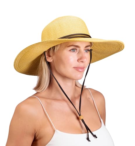 Sloggers Women's Wide Brim Braided Sun Hat with Wind Lanyard - UPF 50+ Maximum Sun Protection - color: Light Brown