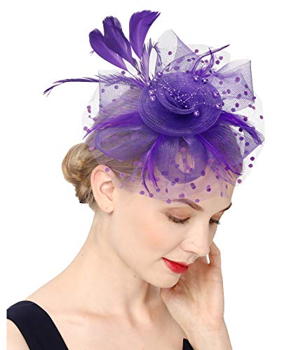 Fascinators Hat for Women Tea Party Headband Kentucky Derby Wedding Flower Cocktail Mesh Feathers Hair Clip - color: 1-purple