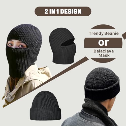 BROKIG 2 in 1 Balaclava Ski Mask Beanie Black Winter Knit Ski Face Mask - color: 2 Pack Black