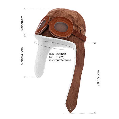 Syhood 1 Piece Aviator Hat with Goggles Pilot Brown Fleece Earflaps