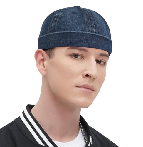 Classic Denim Skull Cap for Men Adjustable Brimless Beanie Hat for Everyday Casual Wear - color: Navy Blue