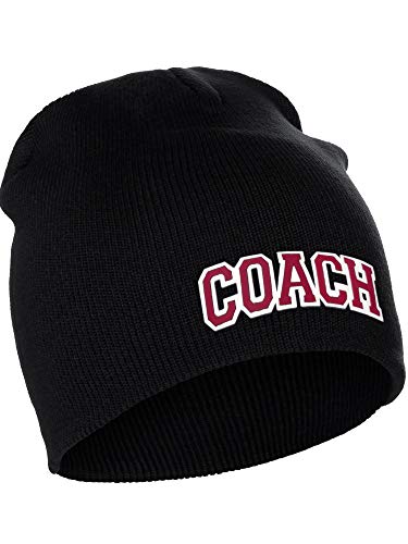 I&W Sports Team Coach Arch Letters Winter Knit Cuffless Beanie 3D Raised Layers - color: Black Beanie White Red