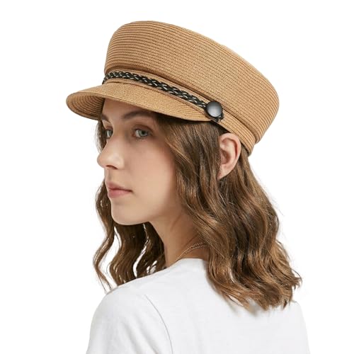 Women's Polyester Straw Newsboy Cap, Gatsby Ivy Style Visor Beach Hat, Adjustable - color: Khaki