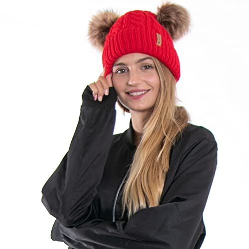 Arctic Paw Pom Pom Beanie Cable Knit Fleece Lined Winter Beanie Women Hat - color: Red_twist