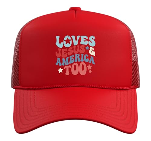 Loves Jesus and America Too 4th of July Groovy God Christian Trucker Hat with Adjustable Mesh Back - color: Red