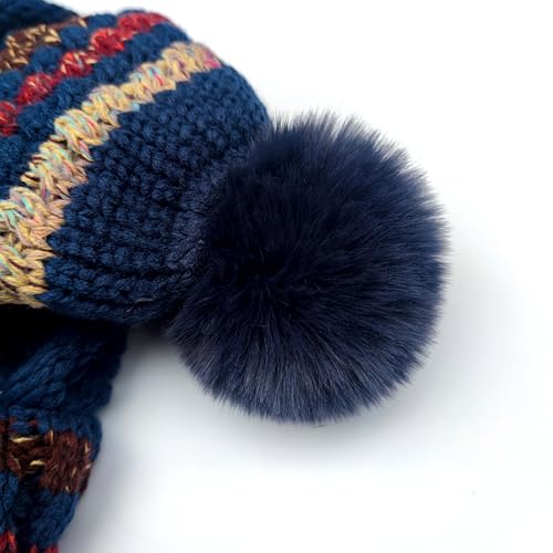 HUAMULAN Women Winter Knit Beanie Hats One Piece Fleece Lined Balaclavas - color: Navy + Colorful Stripe