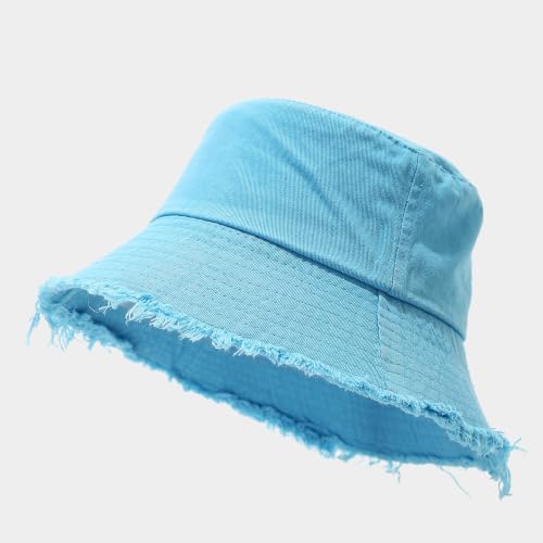 Quanhaigou Frayed Unisex Sun Hats, Fashion Beach Bucket Hat for Men Women,Summer Outdoor Boy's Girls Boonie Cap - color: Vintage Lake Blue