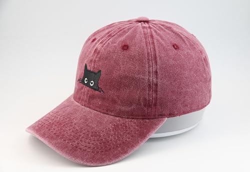 Peeking Black Cat Embroidered Washed Baseball Cap, Adjustable Vintage Dad Hat for Cat Lovers Unisex - color: Wine Red