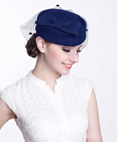 ORIDOOR Women's British Style Pillbox Church Derby Wedding Winter Vintage Fascinator Beret 100% Wool Felt Veil Hat - color: 01a-navy Blue