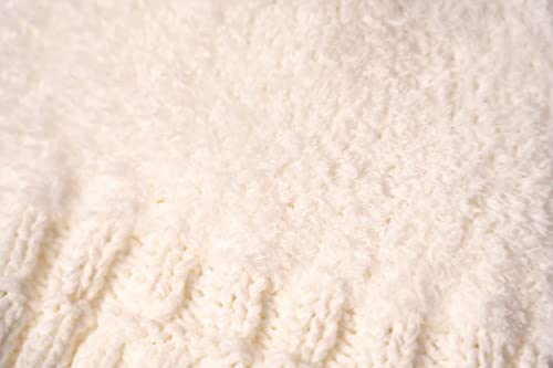 C.C Thick Cable Knit Faux Fuzzy Fur Pom Fleece Lined Skull Cap Cuff Beanie - color: Chenille Ivory Off-white