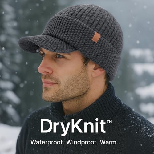 TOP-EX Waterproof Visor Beanie Hat for Men Winter Knit Skull Stocking Cap with Brim Women, Merino Wool & Fleece Lined & Water Proof Headwear for Cold Weather Gray M/L