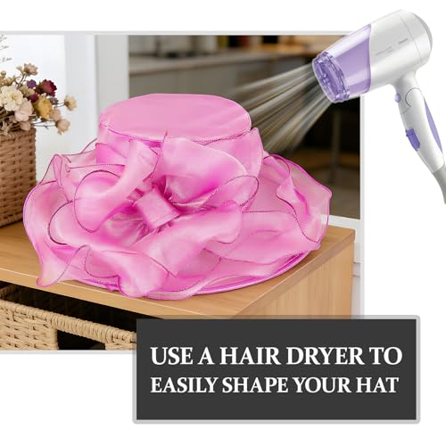 DRESHOW Women Organza Hat Church Cap Hats Clearance Kentucky Derby Cocktail Tea Party Wedding Flower Hat with Wide Brim - color: Bow Hat: Rose Pink