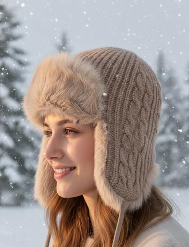 Beauty Women Fur Trapper Ushanka Hat with Ear Flaps, Faux Fur Windproof Thick Winter Russian Bomber Eskimo Hat(Pink)