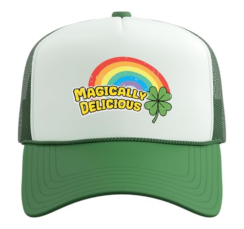 St Patricks Day Magically Delicious Saint Paddys Men Women Trucker Hat with Adjustable Mesh Back - color: Kelly Green/White