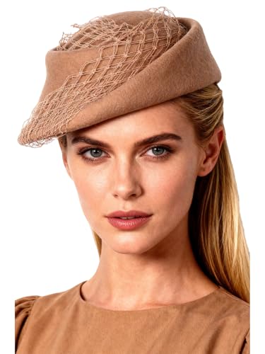Small Top Hats for Women Elegant Winter Vintage Beret Wool Felt Fedoras Ladies Luxury Wedding and Church Cap Female - color: Camel 1