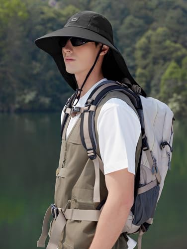 HUAMULAN Women Wide Brim Summer Sun Hat Ponytail Hole with Neck Flap - color: Black With Black Mesh