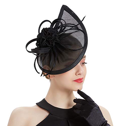 Fascinators Hat for Women Tea Party Headband Mini top Hats Cocktail Flower Mesh Feathers Hair Clip - color: Black-10