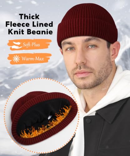 Heniho Wool Fleece Lined Fisherman Beanie for Men, Winter Warm Hats Cuffed Knit Watch Cap Trawler Hat - color: 1pack F- Wine Red