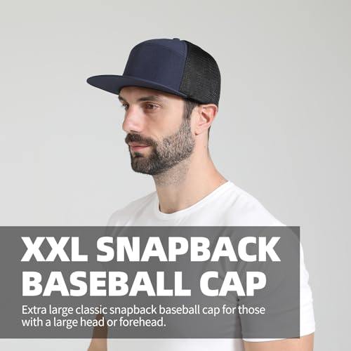 Oversize XXL Blank Flatbill Mesh Snapback Cap for Big Head 23.6"-25.6" Extra Large 6 Panel Camper Style Hat Baseball Cap - color: B - Navy