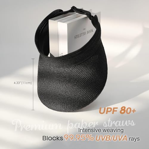 FURTALK Womens Sun Visor Hat Straw Sun Visors for Women Summer Packable Ponytail Beach Hats for Women Travel UPF 80+ - color: A Black