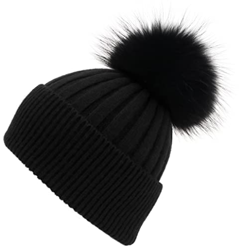 Women's Winter Ribbed Cuffed Beanie Skull Cap with Genuine Raccoon Fur Pom - color: Rc Black