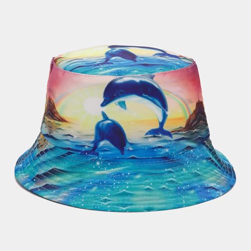 Quanhaigou Bucket Hat for Men Women,Packable Reversible Printed Sun Hats,Fisherman Outdoor Summer Travel Hiking Beach Caps - color: Dolphin Ocean