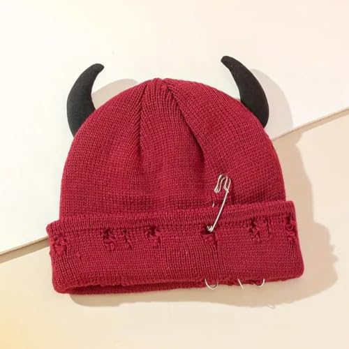 Distressed Ring Beanie Hat for Women Men Slouchy Skull Cap - color: Horns Red