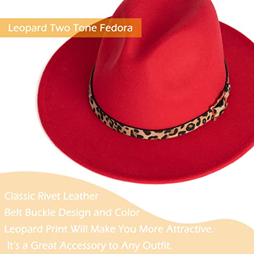 Women Two Tone Wide Brim Fedora Felt Panama Hat - color: Square Buckle-red Leopard