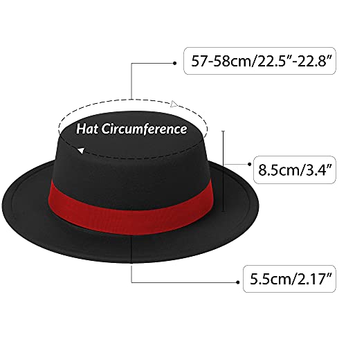 Classic Fedora Hat Two Tone Flat Top Hat with Band Wide Brim Pork Pie Hat Adjustable Patchwork Colors Panama Hat - color: Black-red|red Band