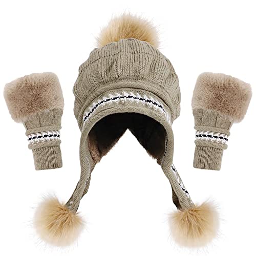 Bellady Women Knit Beanie Winter Ski Hat Cap with Earflap Pom Glove Set - color: Khaki