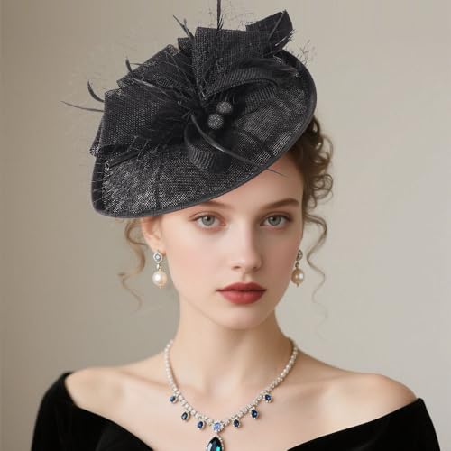 AQOKKA Women Fascinators Hats Flower Mesh Feathers Headband Clip - color: 1 Pc Feather Fascinators : Black