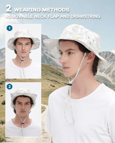 Printed Bucket Hat UPF 50+ Sun Hat, Women Men Roll-Up Brim Boonie Hat - color: Light Khaki