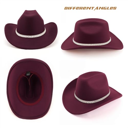 DRESHOW Western Cowboy Hat for Women and Men Wide Brim Glitter Cowboy Cowgirl Hat with Rhinestone Felt Fedora Hats - color: 1 Pack Style 10: Burgundy
